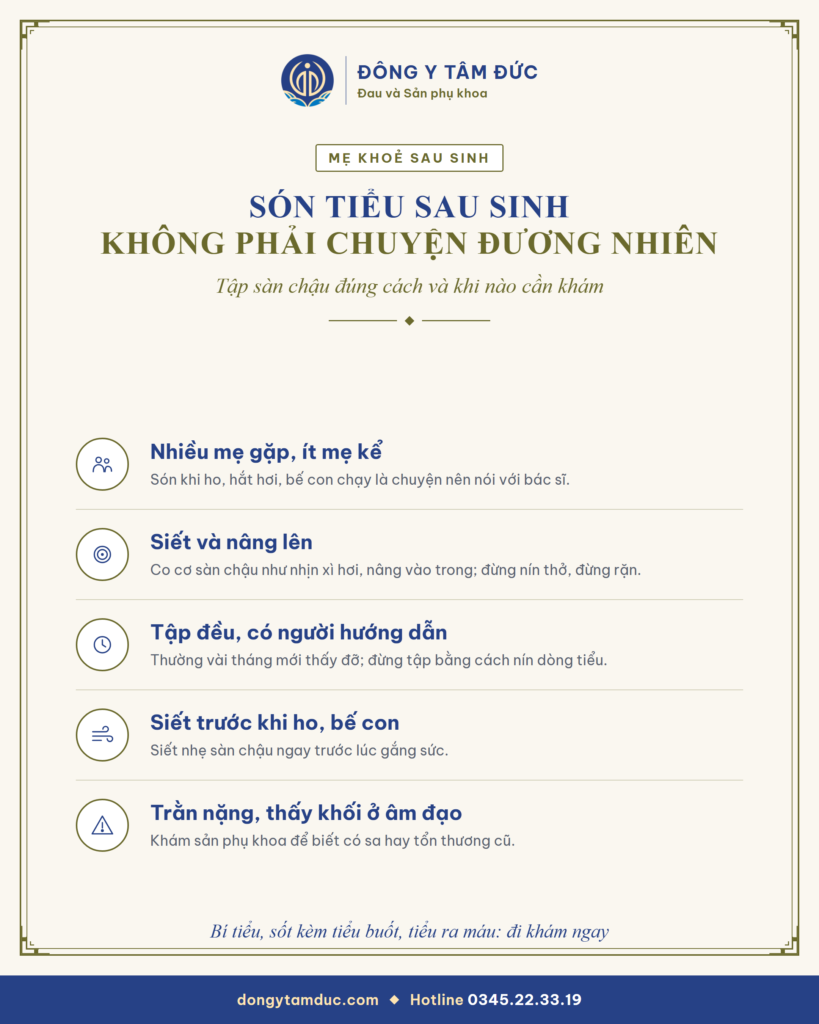 Tóm tắt: són tiểu sau sinh không phải chuyện đương nhiên, cách siết sàn chậu đúng và khi nào cần khám - Đông y Tâm Đức